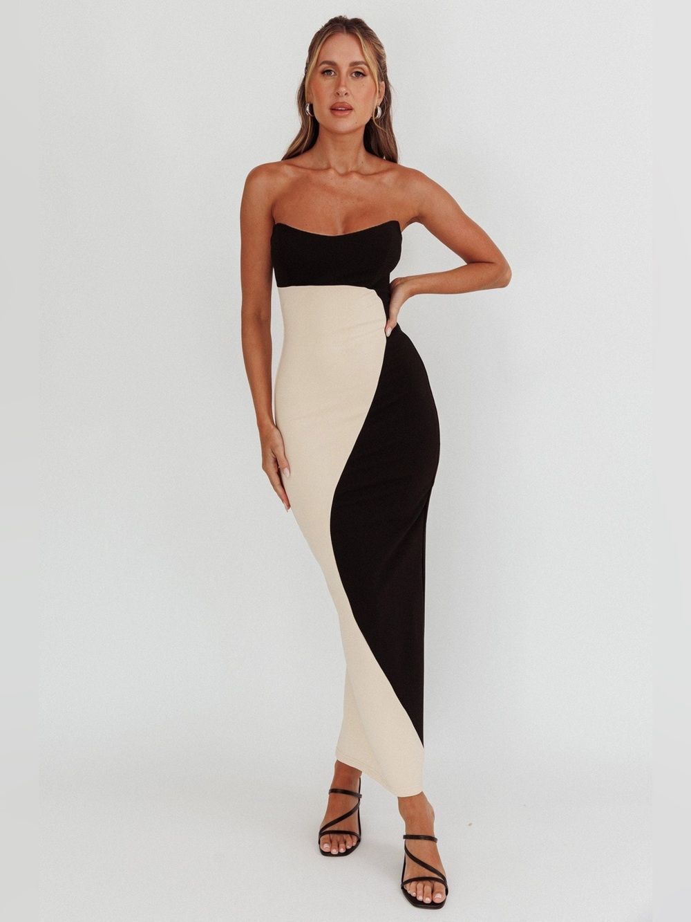 Selfie Leslie Regent Strapless Maxi Dress Black Beige Size M NWT